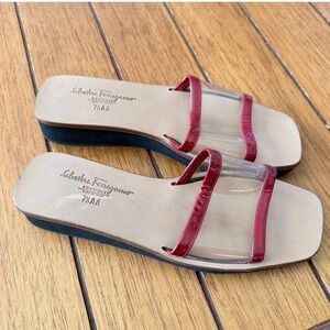 Salvatore Ferragamo Boutique Red Patent Clear Strap Wedge Slide Sandals 7.5 AA